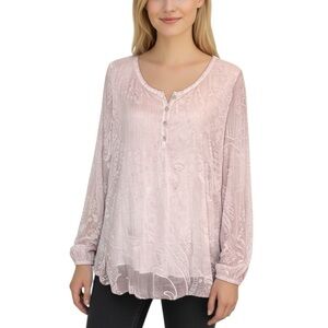 Scandal Italy Silk Top Sz.L Pink Roll Tab Sleeve Pearl Buttons Boho Lagenlook